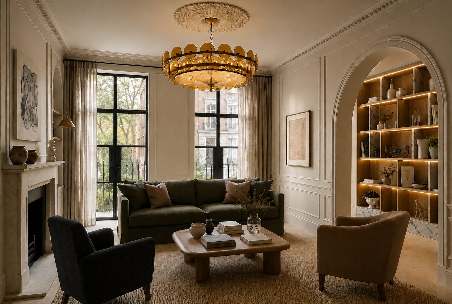 A calm, light-filled London residential interior with a central chandelier.